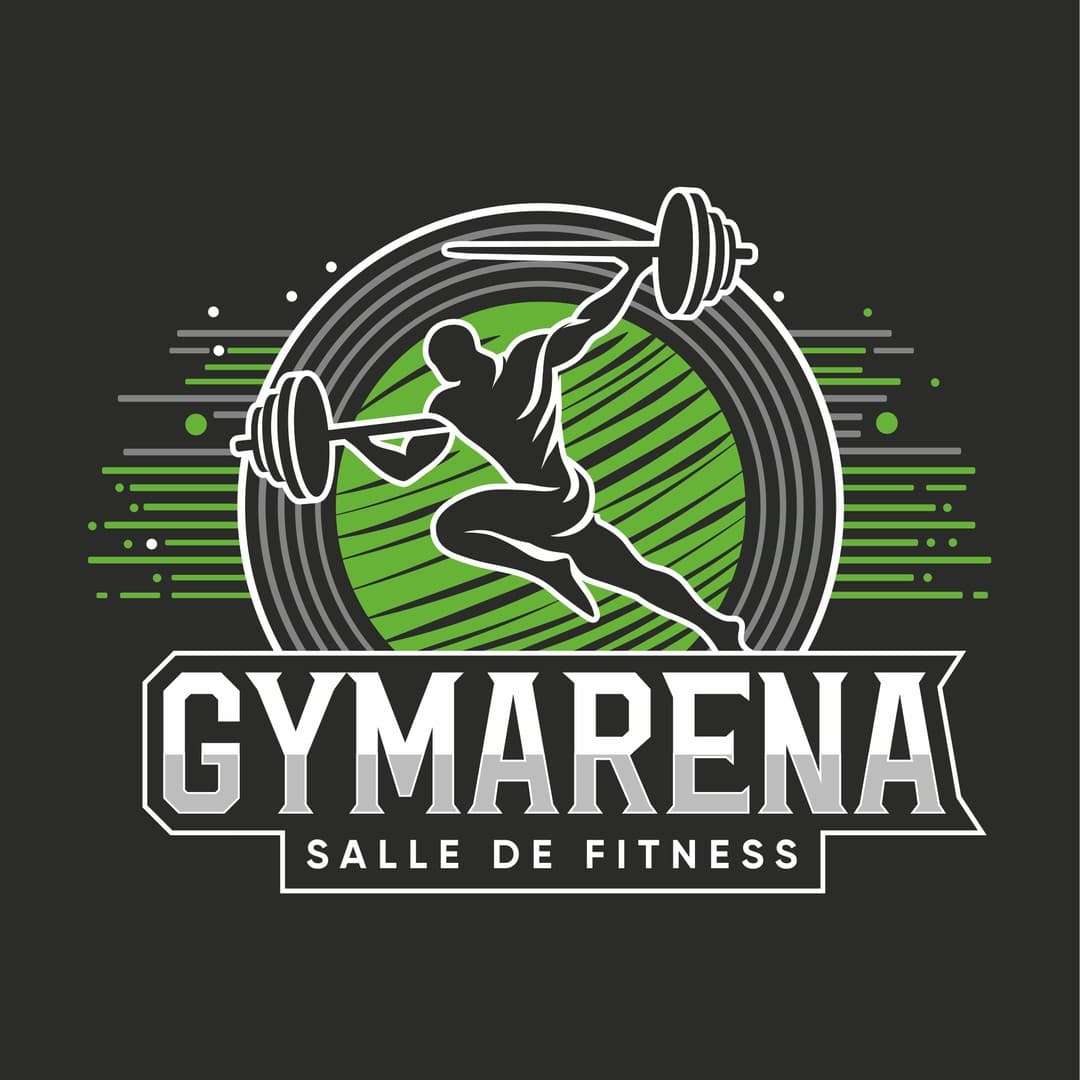 Ancien logo de Gym Arena : badge illustré avec un haltérophile, des anneaux concentriques et un lettrage varsity bicolore.