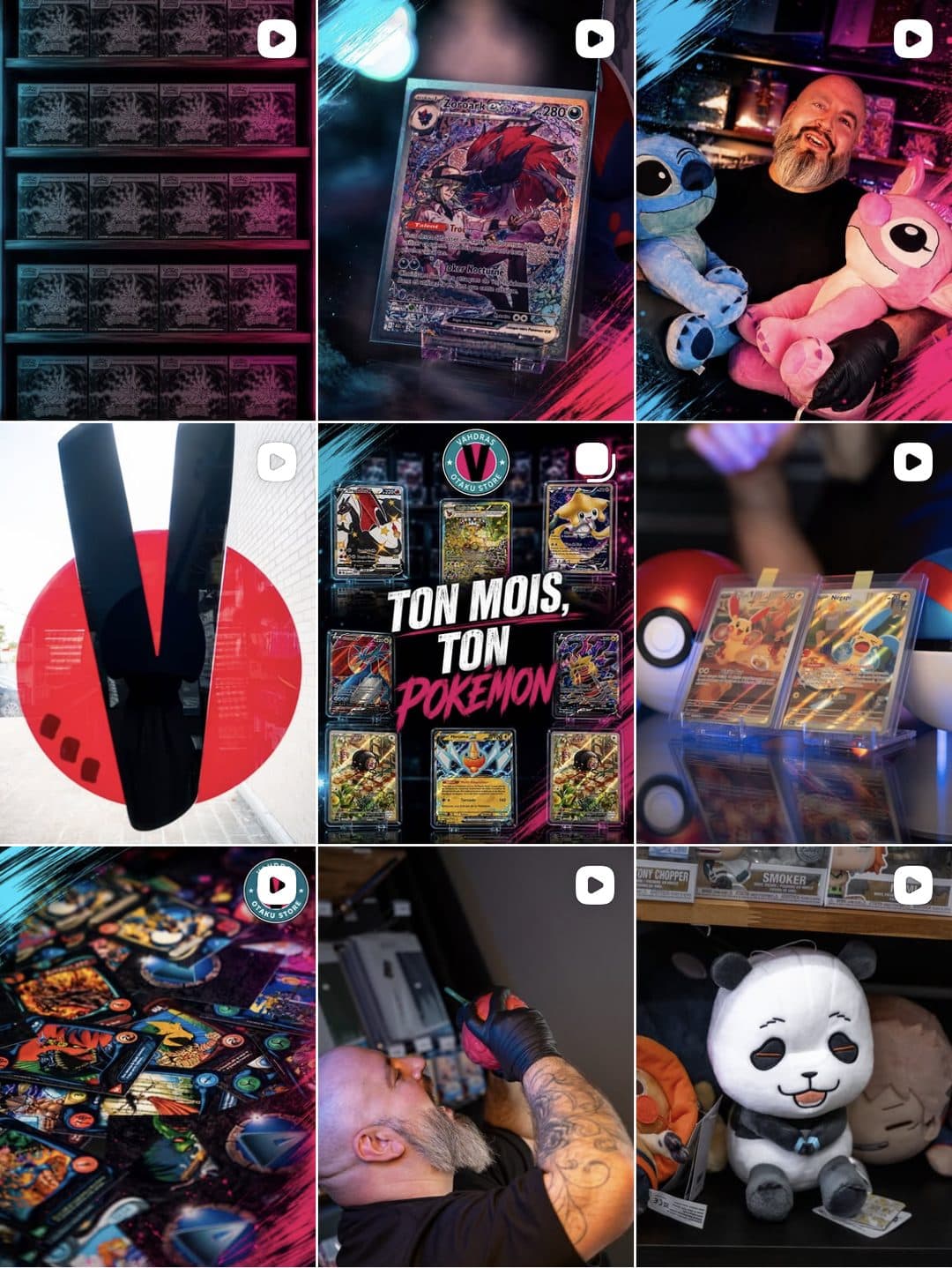 Feed Instagram de Vahdras en septembre 2026 : ambiance sombre et cinématographique, touches rose et turquoise du logo, visages à l'écran.